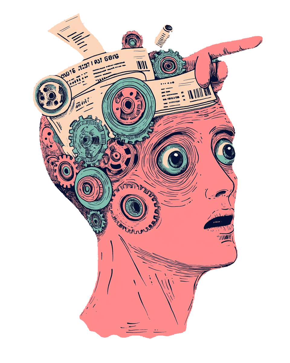 A caricature brain-machine printing out endless excuses on a paper ticket