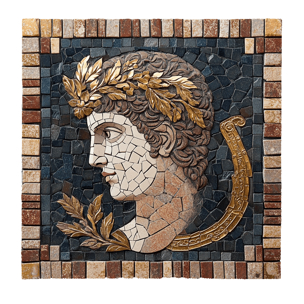 Greek tesserae mosaic emblem of a classical laurel-crowned figure