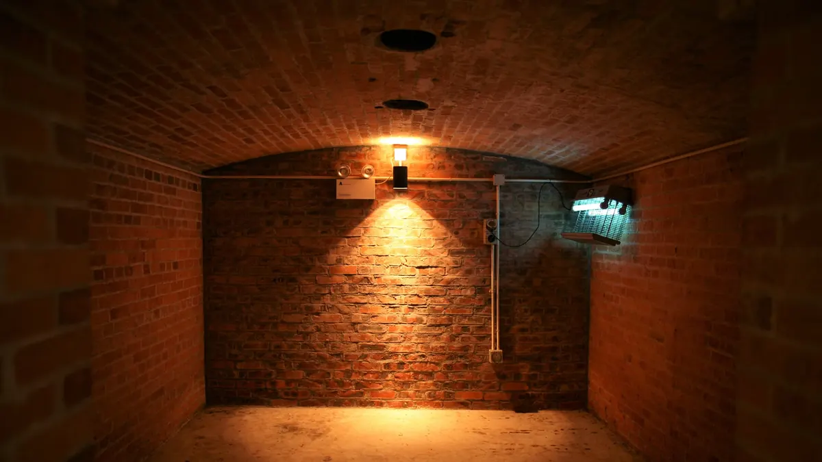 A dim brick-walled escape room lit by a wall lamp