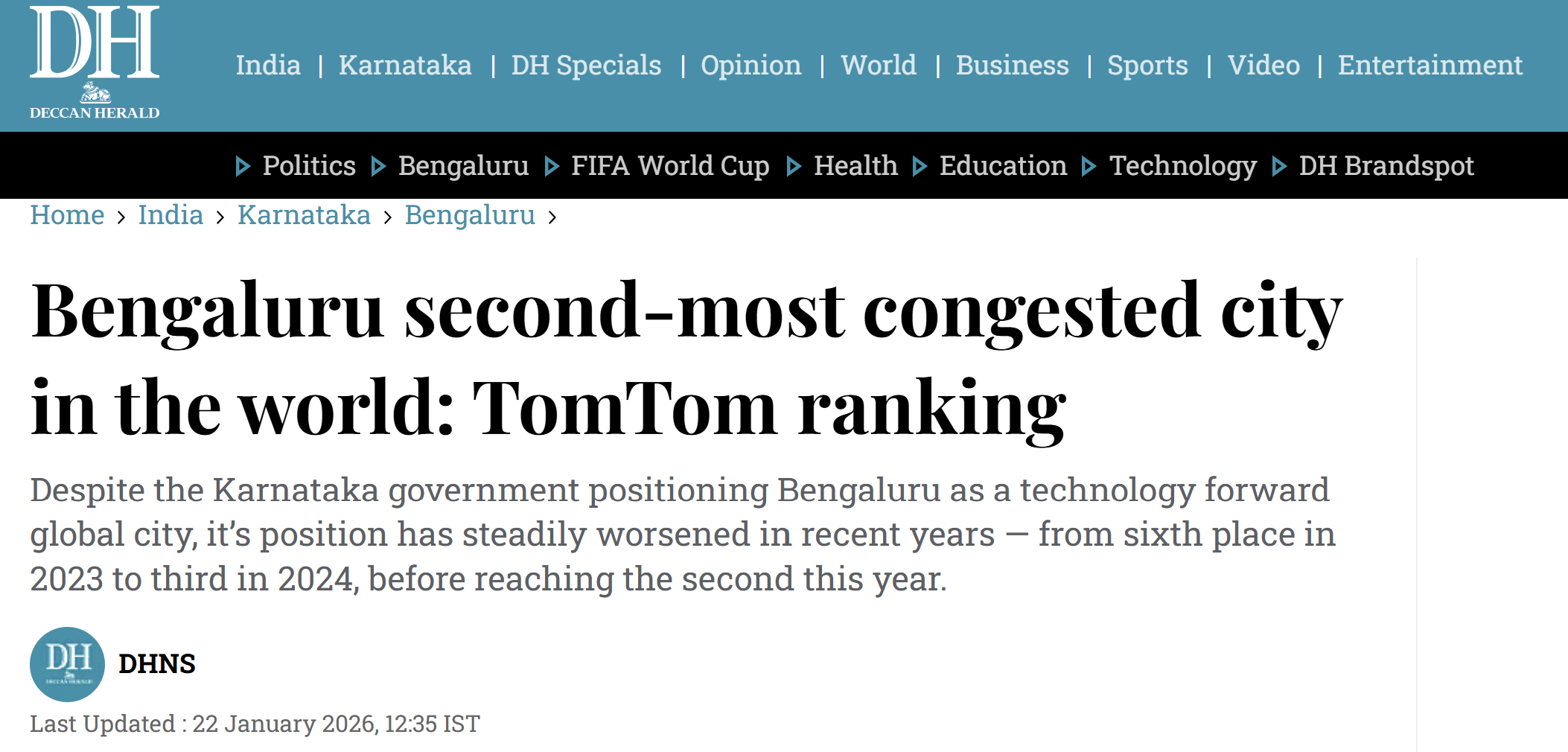 Bengaluru traffic, ranked the world's second most congested city