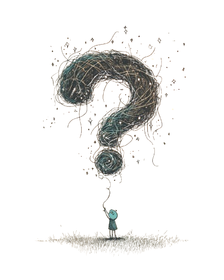 A tiny curious figure tugging a giant tangled question-mark that dissolves into stars