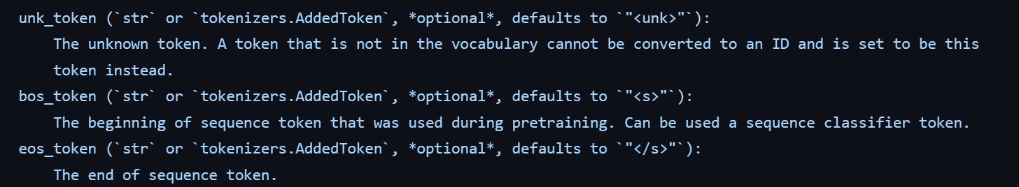 Some of the special tokens for llama tokenizer, see that &lt;s&gt;, &lt;/s&gt;, &lt;unk&gt; are special tokens