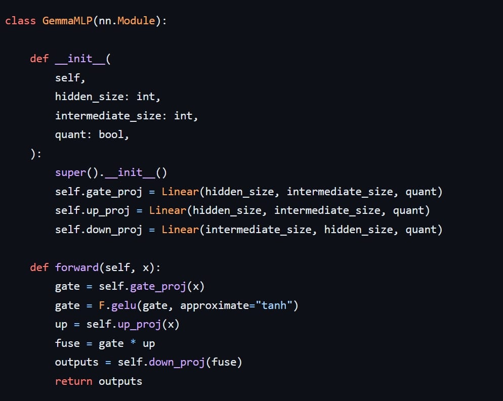 GeGLU implementaiton from Gemma model definition.