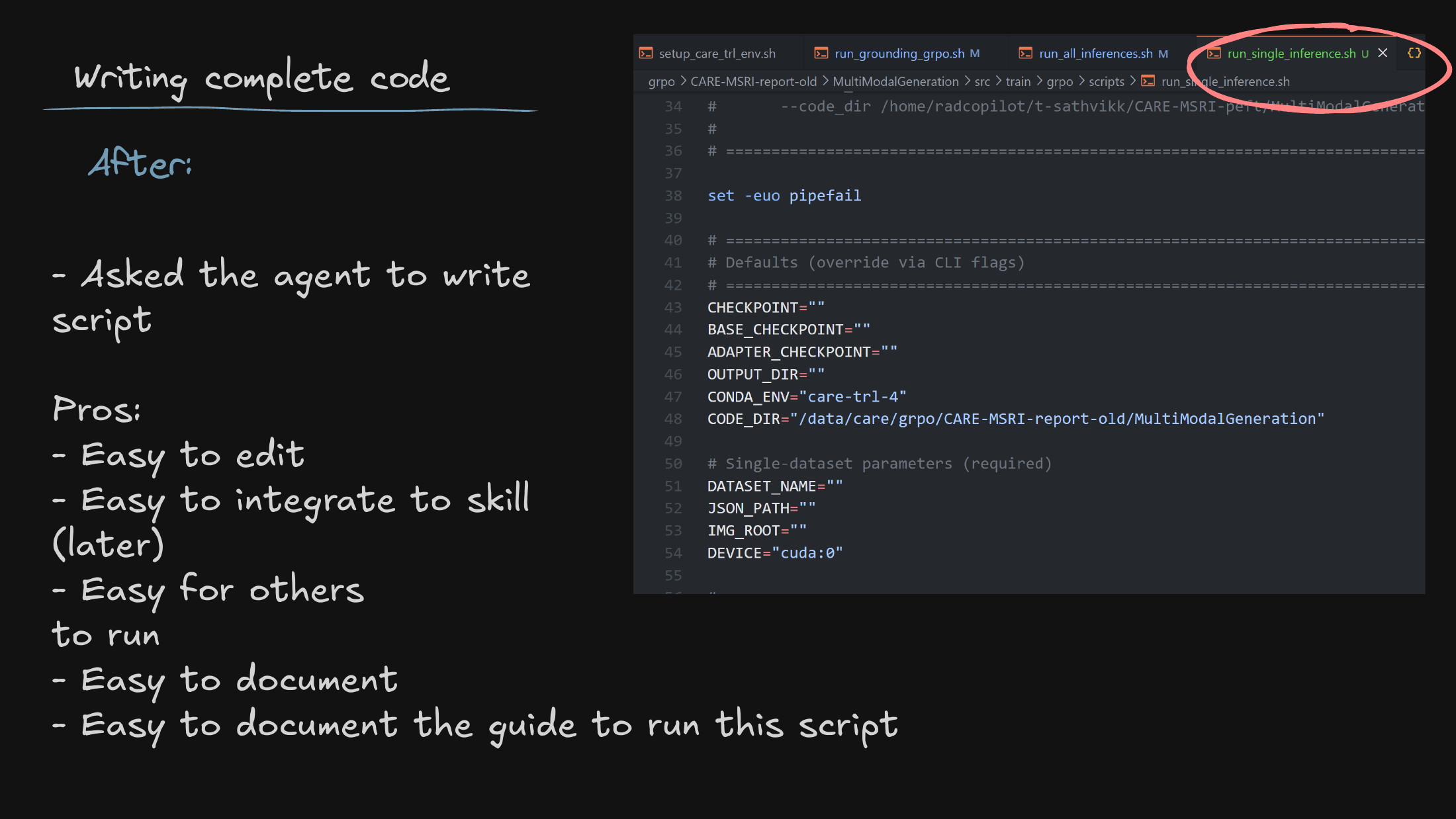 Agent-generated scripts and reproducible baselines